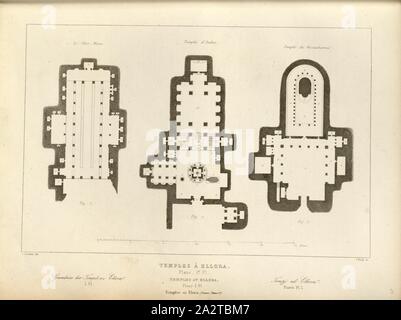 Tempel in Ellora, Grundrisse von drei Tempel in Ellora, unterzeichnet: J. Jourdan (Del.), Bury, J. (sc.), Abb. 23, S. 109, Jourdan, J. (Del.), Bury, J. (sc.), 1853, Jules Gailhabaud: Denkmäler anciens et modernes. Bd. 1, Bl. 1. Paris: Librairie de Firmin Didot Freres, 1853 Stockfoto