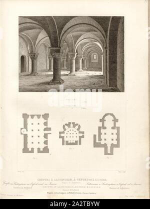 Krypten an Lastingham, Oxford und Issoire. Frankreich und England, die Krypta von St. Mary's Church in Lastingham, mit Plan und das Layout der Krypta der Abteikirche Saint-Austremoine in Issoire und St Peter-in-der-Kirche in Oxford, unterzeichnet: Berty del, Bury sculp, Abb. 78, S. 255, Berty, Adolphe (Del.); Bury, Jean Baptiste Marie (sc.), 1853, Jules Gailhabaud: Denkmäler anciens et modernes: Sammlung Formant une histoire de l'architecture des différents peuples à toutes les Epochen. Paris: Librairie de Firmin Didot Freres, 1853 Stockfoto