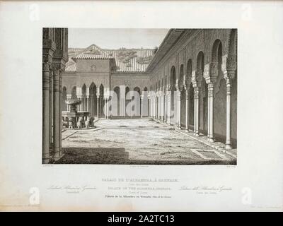 Palast der Alhambra, Granada. Löwen Hof, Hof Lion's in der Alhambra in Granada, unterzeichnet: A. Berty del, d'après u.a., Dela, Borde, Bury sculp, Pl., 10, Laborde, Alexandre de (Inv.); Berty, Adolphe (Del. d'après Alexandre de Laborde); Bury, Jean Baptiste Marie (sc.), 1853, Jules Gailhabaud: Denkmäler anciens et modernes: Sammlung Formant une histoire de l'architecture des différents peuples à toutes les Epochen. Paris: Librairie de Firmin Didot Freres, 1853 Stockfoto