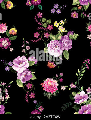 Abstrakte Eleganz nahtlose Muster mit Blumen auf schwarzem Hintergrund. Bereit für Textildrucke. Eleganz nahtlose Muster. Stockfoto