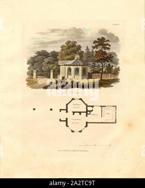 Lodge, Aufriss und Grundriss für ein Torhaus, PL. V, S. 31, Robert Lugar: architektonische Skizzen für Hütten, ländliche wohnungen und Villen, im Griechischen, Gothic und fancy styles: mit Plänen; geeignet für Personen vornehmer Leben und moderaten Vermögen.: Durch einige Beobachtungen auf Landschaft und Eigenart für die malerischen Gebäude voraus. London: gedruckt für J. Taylor, an der Architectural Library, 1823 Stockfoto