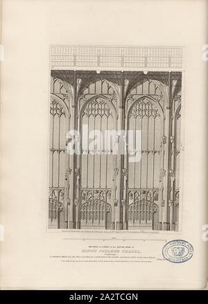 Abschnitt des Teils von der Südseite des King's College Chapel, Cambridge, Südfassade der Kapelle des King's College in Cambridge, unterzeichnet: von Richard Roffe graviert, von einer Zeichnung von j.l. Bond, nach Skizzen von Wm Wilkins, Abb. 13, PL. III, S. 8, Wilkins, William (Skizze); Bond, John linnell (Zeichnung); Roffe, Richard (Gravur), 1805, John Britton: Die architektonischen Antiquitäten von Großbritannien: vertreten und in einer Reihe von Ansichten, Ansichten, Pläne, Schnitte und Details der verschiedenen alten englischen Bauten veranschaulicht: mit historischen und beschreibende Konten der einzelnen. Bd. 1, Bl. 1. London: J Stockfoto