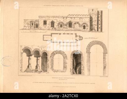 Brixworth Kirche, Northamptonshire, Plan, Höhe, Grundriss und Höhenlage der All Saints' Church in Brixworth, Northamptonshire, unterzeichnet: Gezeichnet von W. H. Bartlett, unter der Regie von J. B, gestochen von J. Le Keux; durch Longman & Co, Bild veröffentlicht. 2, S. 260, Britton, John (Regie); Bartlett, William Henry (Zeichnung); Keux, John Le (Gravur); Longman & Co (veröffentlicht), 1825, John Britton: Die architektonischen Antiquitäten von Großbritannien: vertreten und in einer Reihe von Ansichten, Ansichten, Pläne, Schnitte und Details der verschiedenen alten englischen Bauten veranschaulicht: mit historischen und beschreibenden Stockfoto