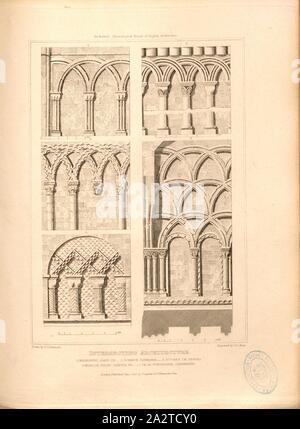 Schneidende Architektur, Bogen des Malmsbury Abteikirche, Norwich Cathedral, St. John's Church Devizes, Wenlock Priory Kapitel und Kirche St. Augustine in Canterbury, unterzeichnet: Gezeichnet von G. Cattermole; von J. Le Keux eingraviert; durch Longman & Co, Bild veröffentlicht. 27, Nach S. 260, Cattermole, George (Zeichnung); Keux, John Le (Gravur); Longman & Co (veröffentlicht), 1819, John Britton: Die architektonischen Antiquitäten von Großbritannien: vertreten und in einer Reihe von Ansichten, Ansichten, Pläne, Schnitte und Details der verschiedenen alten englischen Bauten veranschaulicht: mit historischen und beschreibende Konten von Stockfoto