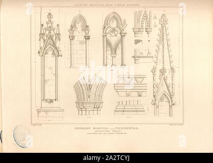 Beverley Minster, Yorkshire, architektonische Details, Beverley Minster in Beverley, East Riding von Yorkshire, unterzeichnet: Gezeichnet von A. Pugin, Etch 'dvon I. Le Keux; durch Longman & Co, Bild veröffentlicht. 43, Nach S. 260, Pugin, Augustus Charles (Zeichnung); Keux, John Le (Radierung); Longman & Co (veröffentlicht), 1819, John Britton: Die architektonischen Antiquitäten von Großbritannien: vertreten und in einer Reihe von Ansichten, Ansichten, Pläne, Schnitte und Details der verschiedenen alten englischen Bauten veranschaulicht: mit historischen und beschreibende Konten der einzelnen. Bd. 1, Bl. 5. London: J.Taylor, 1807-1826 Stockfoto