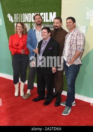 Foto muss Gutgeschrieben © Alpha Presse 079965 03/10/2019 Tricia Tuttle Tyler Nilson Shia LaBeouf Zack Gottsagen und Mike Schwartz Erdnussbutter Flakon Premiere während der 63 LFF BFI London Film Festival 2019 in London Stockfoto