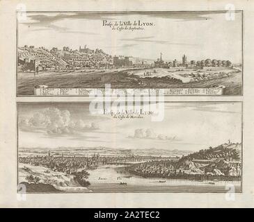 Prosp. der Stadt Lyon Coste de Septentrio und Coste de Irak, verschiedene Ansichten der Stadt Lyon, Abb. 27, fünfter Teil, nach S. 8, Martin Zeiller: Topographia Galliae, oder, Beschreibung und Contrafaitung der vornehmbsten und bekantisten Oerter in dem mächtigen und grossen Königreich Franckreich: beedes auss eygner Erfahrung und Beispiele in den Graben und berühmbtesten Scribenten so in Underschiedlichen Spraachen Abb. aussgangen seyn auch auss erlangten Bericht- und Relationen von etlichen Jahren Held zusammengetragen in richtige Ordnung Referenzen und auff Begehren zum Druck verfertiget. Bd. 1, Bl. 3. Stockfoto