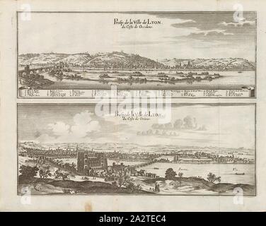 Prosp. der Stadt Lyon von Coste de und Coste de Oriens Occidens, verschiedene Ansichten der Stadt Lyon, Abb. 28, fünfter Teil, nach S. 8, Martin Zeiller: Topographia Galliae, oder, Beschreibung und Contrafaitung der vornehmbsten und bekantisten Oerter in dem mächtigen und grossen Königreich Franckreich: beedes auss eygner Erfahrung und Beispiele in den Graben und berühmbtesten Scribenten so in Underschiedlichen Spraachen Abb. aussgangen seyn auch auss erlangten Bericht- und Relationen von etlichen Jahren Held zusammengetragen in richtige Ordnung Referenzen und auff Begehren zum Druck verfertiget. Bd. 1, Bl. 3. Stockfoto