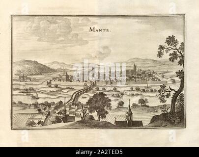 Mante, Mantes-la-Jolie auf der Seine, Abb. 53, 7. Teil, auf S. 38, Martin Zeiller: Topographia Galliae, oder, Beschreibung und Contrafaitung der vornehmbsten und bekantisten Oerter in dem mächtigen und grossen Königreich Franckreich: beedes auss eygner Erfahrung und Beispiele in den Graben und berühmbtesten Scribenten so in Underschiedlichen Spraachen Abb. aussgangen seyn auch auss erlangten Bericht- und Relationen von etlichen Jahren Held zusammengetragen in richtige Ordnung Referenzen und auff Begehren zum Druck verfertiget. Bd. 1, Bl. 3. Frankfurt am Mayn: Im Verlag Caspar Merians, M DC LVI [1656 Stockfoto