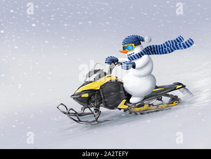 Schneemann auf einem Schneemobil fährt schnell durch den Schneesturm. Winter weihnachten Illustration. Stockfoto