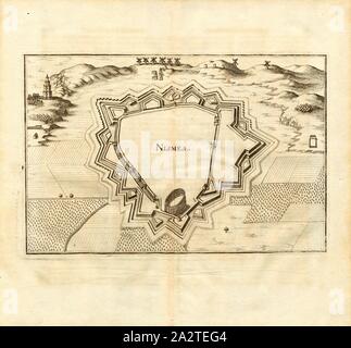 Nismes, Planen von Nîmes in Frankreich von 1634, Abb. 30, 11 Teil, nach S. 56, Tassin, Christophe, Martin Zeiller: Topographia Galliae, oder, Beschreibung und Contrafaitung der vornehmbsten und bekantisten Oerter in dem mächtigen und grossen Königreich Franckreich: beedes auss eygner Erfahrung und Beispiele in den Graben und berühmbtesten Scribenten so in Underschiedlichen Spraachen Abb. aussgangen seyn auch auss erlangten Bericht- und Relationen von etlichen Jahren Held zusammengetragen in richtige Ordnung Referenzen und auff Begehren zum Druck verfertiget. Bd. 1, Bl. 4. Frankfurt am Mayn: Im Verlag Caspar Merians Stockfoto