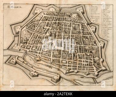 Ferraria, Karte von Ferrara (Italien), Abb. 44, S. 200, 1640, Martin Zeiller: Itinerarium Italiae Nov-antiquae oder Raiss-Beschreibung Niederländisch Italienisch: Darinn nicht allein viel underschiedliche Weg durch das Welschland selbsten [...]. Frankfurt am Mayn: in Merians Verlegung Matthaei, M.DC.XL. [1640 Stockfoto
