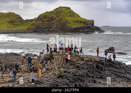 Touristen klettern auf der Basaltsäulen Giant's Causeway in Nordirland Stockfoto