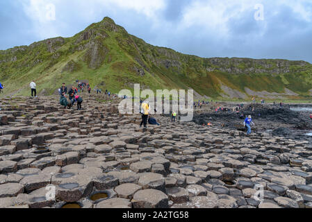 Touristen klettern auf der Basaltsäulen Giant's Causeway in Nordirland Stockfoto