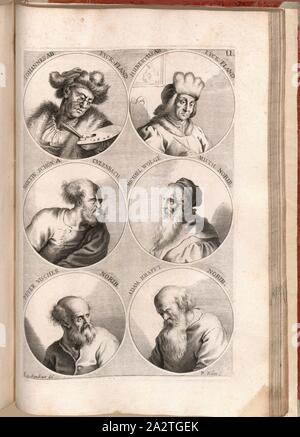 Johannes von Eyck Fland. Hubertus von Eyck Fland. Martin Schön ein Culenbach, Michael Wolgemuth Norib. Peter Vischer Norib. Adam Krafft Norib., Portrait von Jan van Eyck, Hubert van Eyck, Martin Schongauer, Michael Wolgemut, Peter Vischer, Adam Kraft, Signiert: i. v. Chr., Sandrart del, S. Kilian s, Abb. 20, U, nach S. 424, Sandrart, Joachim von (Del.); Kilian, Philipp (sc.), 1774, Joachim von Sandrart: Teutsche Academie der Bau-Bildhauer- und Maler-Kunst: Worinn sterben Regeln und Lehrsätze of this Künste gegeben, nicht weniger zu sterben mehrerer Erläuterung und Beispiele Beispiele der alten und neuen Germany Stockfoto