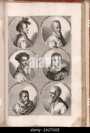 Iohannes Pocksbecherus, Franz Floris Antverpiensis, Wilhelm Cay Bredanus, Christoph Schwartz Ingolstadt, Carl van Mander à Meulebreck, Martin Hemskerk Harlemensis, Portrait von Hans Bocksberger d. Ä, Frans Floris, Willem, Christoph Schwarz, Carel van Mander, Maarten van Heemskerk, Abb. 26, CC, nach S. 424, 1774, Joachim von Sandrart: Teutsche Academie der Bau-Bildhauer- und Maler-Kunst: Worinn sterben Regeln und Lehrsätze of this Künste gegeben, nicht weniger zu sterben mehrerer Erläuterung und Beispiele Beispiele der alten und neuen Künstler in Kupfer beygefüget worden, wie solche in Rom auf das genaueste Stockfoto