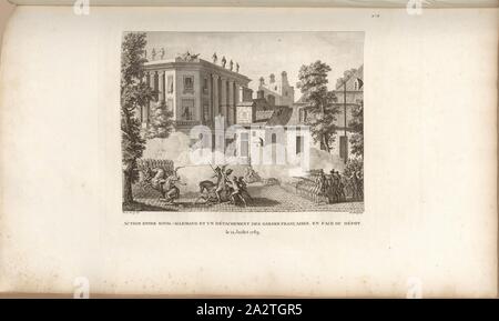 Aktion zwischen Royal-German und einer Abordnung der Französischen Wachen, Vor dem Depot am 12. Juli 1789, Régiment Royal-Allemand cavalerie und Garde française am 12. Juli 1789 an der Rue de La Chaussée-d'Antin in Paris unterzeichnet: Prieur inv. Et del, Berthault sculp, Abb. 18, Nr. 8, S. 31 (huitième Tableau), Prieur, Jean-Louis (Inv. et Del.); Berthault, Pierre-Gabriel (Sc), Sammlung complète des Tableaux historiques de La Révolution Française en trois Volumes [...]. Bd. 1, Bl. 1. Ein Paris: chez Auber, Editeur, et seul Propriétaire: de l'Imprimerie de Pierre Didot l'aîné, einer XI de la République Stockfoto