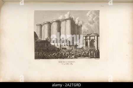 Von der Bastille am 14. Juli 1789 getroffen, Sturm auf die Bastille am 14. Juli 1789, unterzeichnet: Prieur inv. Et del, Berthault sculp, Abb. 26, Nr. 16, gemäß S. 64 (seizieme Tableau), Prieur, Jean-Louis (Inv. et Del.); Berthault, Pierre-Gabriel (Sc), Sammlung complète des Tableaux historiques de La Révolution Française en trois Volumes [...]. Bd. 1, Bl. 1. Ein Paris: chez Auber, Editeur, et seul Propriétaire: de l'Imprimerie de Pierre Didot l'aîné, einer XI de la République DCCCII Francçaise M. Stockfoto