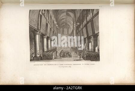 Segen der Flaggen der Pariser Nationalgarde am Notre Dame am 27. September 1789, Segnung der Flaggen durch Antoine-Éléonor-Léon Leclerc de Juigné in der Kathedrale Notre-Dame de Paris, unterzeichnet: Prieur inv. Et del, Berthault sculp, Abb. 37, Nr. 27, Nach S. 108 (Vingt-Septième Tableau), Prieur, Jean-Louis (Inv. et Del.); Berthault, Pierre-Gabriel (Sc), Sammlung complète des Tableaux historiques de La Révolution Française en trois Volumes [...]. Bd. 1, Bl. 1. Ein Paris: chez Auber, Editeur, et seul Propriétaire: de l'Imprimerie de Pierre Didot l'aîné, einer XI de la République DCCCII Francçaise M. Stockfoto