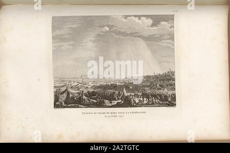 Werke von Champ de Mars für die Föderation vom 14. Juli 1790, die Vorbereitungen für die Föderation Festival am 14. Juli 1790 auf dem Campus Martius in Paris unterzeichnet: Prieur inv. Et del, Berthault sculp, Abb. 48, Nr. 38, Nach S. 152 (TRENTE-huitième Tableau), Prieur, Jean-Louis (Inv. et Del.); Berthault, Pierre-Gabriel (Sc), Sammlung complète des Tableaux historiques de La Révolution Française en trois Volumes [...]. Bd. 1, Bl. 1. Ein Paris: chez Auber, Editeur, et seul Propriétaire: de l'Imprimerie de Pierre Didot l'aîné, einer XI de la République DCCCII Francçaise M. Stockfoto