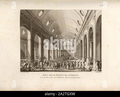 Der Tod der 21 Abgeordneten der Gironde am 31 Oktober, 1793; oder 10 Brumaire Jahr 2. der Republik, Ausführung der Girondisten am 31. Oktober 1793 in Paris unterzeichnet: Duplessi Bertaux inv. Et sculp, Berthault termin Gleichheit, Abb. 23, Nr. 90, S. 364 (Quatre-vingt-dixième Tableau), Duplessis-Bertaux, Jean (Inv. et Sc.); Berthault, terminé Pierre-Gabriel (Par), Sammlung complète des Tableaux historiques de La Révolution Française en trois Volumes [...]. Bd. 1, Bl. 2. Ein Paris: chez Auber, Editeur, et seul Propriétaire: de l'Imprimerie de Pierre Didot l'aîné, einer XI de la République DCCCII Francçaise M. Stockfoto