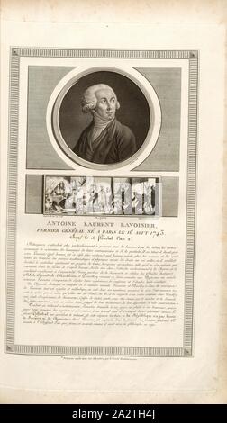 Antoine Laurent Lavoisier, Landwirt allgemeine in Paris geboren am 16. August 1743 richtete am 16. April Floréal., Portrait von Antoine Laurent de Lavoisier und Lavoisier in seinem Labor in Paris unterzeichnet: Levachez sculp, duplessi-bertaux Inv. Et del, Duplessi-Bertaux aqua Forti, Abb. 14, S. 27, Charles Francois Gabriel Levachez (sc.); Duplessi Bertaux, Jean (Inv. et del.; aqua Forti), Sammlung complète des Tableaux historiques de La Révolution Française en trois Volumes [...]. Bd. 1, Bl. 3. Ein Paris: chez Auber, Editeur, et seul Propriétaire: de l'Imprimerie de Pierre Didot l'aîné, einer XI de la République Stockfoto