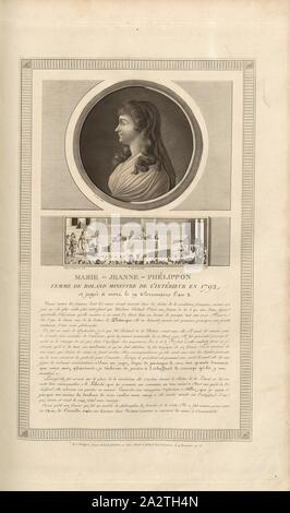 Marie-Jeanne - Phélippon, Frau von Roland Minister des Innern im Jahre 1792, und versucht, zum Tod am 19 Brumaire Jahr 2., Portrait von jeanne-marie Roland de la Platière und Madame Roland vor dem Tribunal Révolutionnaire, Signiert: Le Vachez sculp, duplessi-bertaux Inv. Et del, Duplessi-Bertaux aqua Forti, Abb. 17, gemäß S. 12 (Acte Constitutionnel), Charles Francois Gabriel Levachez (sc.); Duplessi Bertaux, Jean (Inv. et del.; aqua Forti), Sammlung complète des Tableaux historiques de La Révolution Française en trois Volumes [...]. Bd. 1, Bl. 3. Ein Paris: chez Auber, Editeur, et seul Propriétaire Stockfoto