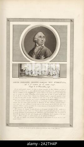 Louis Philippe Joseph über Herzog von Orleans, in St. Cloud am 13. April 1747 geboren, beurteilt am 6. November 1793, Portrait von Louis-Philippe d'Orléans und Philippe Égalité auf die Statue von Henri IV, unterzeichnet: Levachez sculp, duplessi-bertaux Inv. Et del, Duplessi-Bertaux aqua Forti, Abb. 18, gemäß S. 12 (Acte Constitutionnel), Charles Francois Gabriel Levachez (sc.); Duplessi Bertaux, Jean (Inv. et del.; aqua Forti), Sammlung complète des Tableaux historiques de La Révolution Française en trois Volumes [...]. Bd. 1, Bl. 3. Ein Paris: chez Auber, Editeur, et seul Propriétaire: de l'Imprimerie de Stockfoto