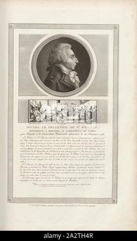 Michel Pelletier St. Fargeau, Präsident in Mörtel im Parlament von Paris, dann Abgeordneter der Nationalversammlung, am 20. Januar 1793 ermordet, Portrait von Michel Le Peletier de Saint-Fargeau und Ermordung von Le Peletier im Palais Royal, unterzeichnet: Le vachez sculp, duplessi-bertaux Inv. Et del, Duplessi-Bertaux aqua Forti, Abb. 19, gemäß S. 12 (Acte Constitutionnel), Charles Francois Gabriel Levachez (sc.); Duplessi Bertaux, Jean (Inv. et del.; aqua Forti), Sammlung complète des Tableaux historiques de La Révolution Française en trois Volumes [...]. Bd. 1, Bl. 3. Ein Paris Stockfoto