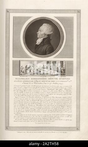 Maximilien Robespierre député d'Artois aux Etats généraux de 1789, et député de Paris à La Convention Nationale, Exécuté le 10 Thermidor l'an 2 (27 Juillet 1794), Porträt von Maximilien de Robespierre und Robespierre, verletzte liegen auf dem Tisch, in den Tuillerien Bereich nach der Festnahme, unterzeichnet: Levachez sculp, duplessi-bertaux Inv. Et del, Duplessi-Bertaux aqua Forti, Abb. 30, S. 9 (provisoire), Regierung, Charles Francois Gabriel Levachez (sc.); Duplessi Bertaux, Jean (Inv. et del.; aqua Forti), Sammlung complète des Tableaux historiques de La Révolution Française en trois Volumes [...]. Bd Stockfoto