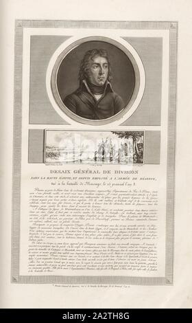 Allgemeine Dessaix der Abteilung im oberen Ägypten, und da in der Armee der Reserve eingesetzt, in der Schlacht von Marengo getötet, am 25 Prairial Jahr 8, Portrait von Louis Charles Antoine Dessaix und Tod von dessaix während der Schlacht von Marengo, unterzeichnet: levachez sculp, duplessi-bertaux Inv. Et del, Duplessi-Bertaux aqua Forti, Abb. 61, S. 9 (Verfassung de la République), Charles Francois Gabriel Levachez (sc.); Duplessi Bertaux, Jean (Inv. et del.; aqua Forti), Sammlung complète des Tableaux historiques de La Révolution Française en trois Volumes [...]. Bd. 1, Bl. 3. Ein Paris: chez Auber, Editeur, et Seul Stockfoto