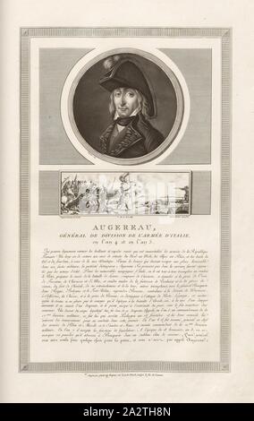 Augereau, General der Division der italienischen Armee, im Jahr 4 und Jahr 5, Portrait von Pierre François Charles Augereau und Allgemeine Augereau auf der Brücke von Arcole während der Schlacht von 1796, signiert: levachez sculp, duplessi-bertaux Inv. Et del, Duplessi-Bertaux aqua Forti, Abb. 65, S. 9 (Verfassung de la République), Charles Francois Gabriel Levachez (sc.); Duplessi Bertaux, Jean (Inv. et del.; aqua Forti), Sammlung complète des Tableaux historiques de La Révolution Française en trois Volumes [...]. Bd. 1, Bl. 3. Ein Paris: chez Auber, Editeur, et seul Propriétaire: de l'Imprimerie de Stockfoto