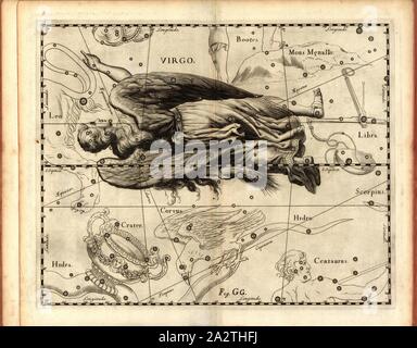 Jungfrau, Karte der Sternbild Jungfrau, Abb. 35, Abb. GG, S. 21, Johannes Hevelius, Johann Ernst-von-Schmieden: Johannis Hevelii prodromus fundamenta astronomiae, exhibens, quae Tam ad Novum planè & correctiorem stellarum fixarum construendeum, ad catalogum quàm onmium planetarum tabulas corrigendas omnimodè spectant; nec nicht Novas & correctiores tabulas Solares, aliasque plurimas astronomiam pertinentes ad [...]. Gedani: Typis Johannis-Zachariae Stollii, 1690 Stockfoto