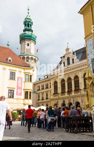 Gruppe der Touristen beobachten die Brandwache Tuztorony Turm an Fo-ter (Hauptplatz), Sopron, Ungarn Stockfoto