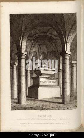 Sarkophag unter denen, die den Leib des Herrn Nelson eingeschlossen ist, in der Krypta von St. Paul's Cathedral, Horatio Nelson's Tomb, 1st Viscount Nelson in der Krypta von St. Paul's Cathedral, unterzeichnet: Gezeichnet mit Gravur von John coney; durch Lackington, Hughes, Harding, Marvor&Jones veröffentlicht; und Longman, Hurst, Rees, Orme & Braun, PL. LXI, nach S. 212, Coney, John (Zeichnung und Gravur); Lackington, Hughes, Harding, Marvor&Jones (Hrsg.); Longman, Hurst, Rees, Orne & Braun (Hrsg.), William Dugdale, Henry Ellis: Die Geschichte der Saint Paul's Cathedral in London, von der Gründung: Aus extrahierten Original Stockfoto