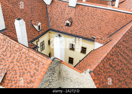 Dach- und Innenhof der Storno Haz Haus gesehen vom Firewatch Tower Tuztorony oben, Sopron, Ungarn Stockfoto