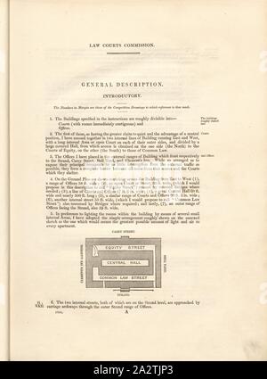 Interne Bereiche in der Präferenz für die Beleuchtung der Räume innerhalb des Gebäudes, die Anordnung der Gebäude der Royal Courts of Justice in London nach Alfred Waterhouse Plan über die gute Beleuchtung und Belüftung, S. 1, Alfred Waterhouse: Allgemeine Beschreibung des Design: Gerichtshöfe des Wettbewerbs. London: von George E. Eyre und William Spottiswoode gedruckt: Her Majesty's Stationery Office, 1867 Stockfoto