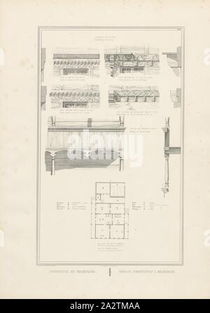 Wohnhaus nach Erlenbach 2, Parallel Titel: Maison d'habitation à Erlenbach, Illustration der hölzernen Ornamenten und Grundriss des Wohnhauses in Erlenbach aus dem 19. Jahrhundert, unterzeichnet: Graffenried & Stürler del. & Publ., J.F. Wagner inct., Bern, Platte XXXI, nach S. 20, Graffenried, Karl Adolf von (Del. et publ.); Stürler, Gabriel Ludwig Rudolf (Del. et publ.); Wagner, J. F. (Lith.), Karl Adolf von Graffenried, Gabriel Ludwig Rudolf Stürler: Architektur suisse ou Choix de maisons Rustiques des Alpes du Canton de Berne: Schweizerische Helvetica oder Auswahl hölzerner Stockfoto