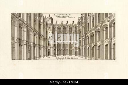 Sainct Germain. Die szenografie des dadans von Bastiment, Chateau-Neuf de Saint-Germain-en-Laye in Frankreich, unterzeichnet: FD; Imp. Lemercier; A. Levy, Abb. 41, Jacques Androuet du Cerceau (Del.); Faure-Dujarric, Pierre-Lucien (sc.); Imprimerie Lemercier (Imp.); Levy, A. (Hrsg.), 1868, Jacques Androuet du Cerceau; Hippolyte A. Destailleur: Les plus excellents bastiments de France. Paris: A. Lévy, Libraire-Editeur, M DCCC LXVIII-M DCCC LXX. [1868-1870 Stockfoto