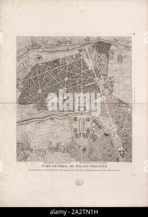 Allgemeine Plan des Schlosses projiziert auf die grassierende des Berges von Chaillot vor der Schule und dem Champ de Mars, Illustration eines projizierten Palast am Hang des Hügels Chaillot in Paris aus dem 19. Jahrhundert, unterzeichnet: Ches., Percier et S. F.L., Fontaine, Gravé par Hibon, PL. 5, Percier, Charles (Komp.); Fontaine, Pierre-François-Léonard (Komp.); Hibon (gravé), 1800, Charles Percier: Pläne de plusieurs Châteaux, Palais et Résidences de souverains de France, d'Italie, d'Espagne et de Russie: dessinés sur une même échelle pour être comparés A.P.P.P.L.D.R.D.R. (Au plan Stockfoto