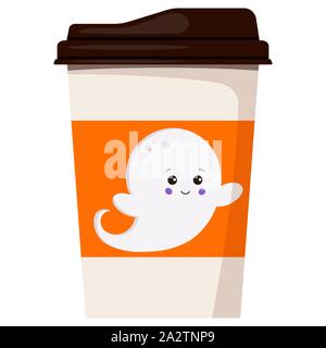 Papier Kaffee oder Tee Schale flache Bauform mit netten und süßen baby boy Ghost auf weißem Hintergrund eingerichtet. Stock Vektor