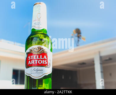 Foto von einem Bier Flasche von der belgischen Firma Stella Artois mit blauen Himmel im Hintergrund. Stockfoto