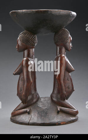 Hocker mit Janus weiblichen Figuren, Zela, Anfang des 20. Jahrhunderts, Holz, 15-1/8 x 9 x 9 in., Afrikanische Kunst Stockfoto