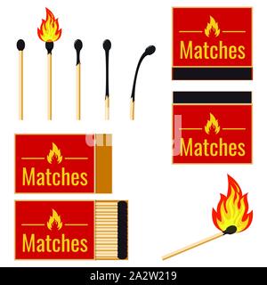 Mit flachen Design set Vektorgrafiken brennendes Streichholz auf Feuer, brennende Streichholz auf weißem Hintergrund. Stock Vektor