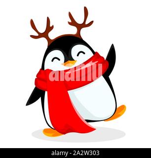 Süße kleine Pinguin tragen Hirsche Geweihe Maske und warmer Schal. Funny Pinguin cartoon Charakter. Vector Illustration auf weißem Hintergrund. Stock Vektor