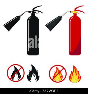 Flaches Design Set Rot und Schwarz Feuerlöscher mit Düse Symbol, Feuer und kein Feuer Zeichen auf weißem Hintergrund. Stock Vektor