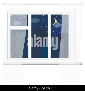 Weißer Kunststoff Fenster mit Vorhängen, urbanen Nacht Ansicht mit Himmel, Sterne, Wolken, Crescent, Silhouetten der städtischen Gebäude. Stock Vektor