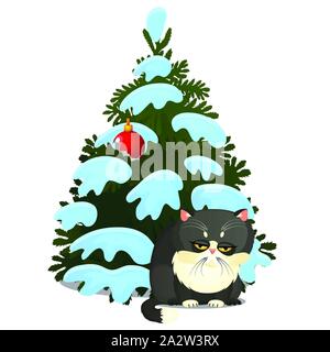Traurig schuldig graue Katze und zerbrochenes Spielzeug auf dem Weihnachtsbaum isoliert auf einem weißen Hintergrund. Skizze des festlichen Plakats, Party-Einladung, anderer Feiertag Stock Vektor