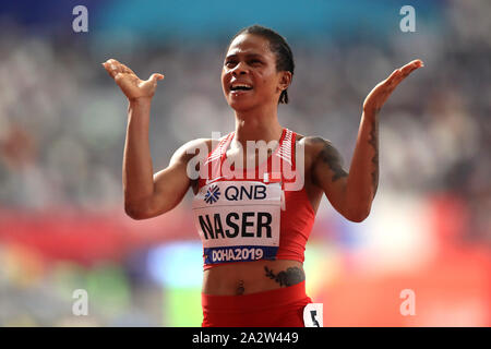 Bahrain Salwa Eid Naser feiert Gold gewinnen in den letzten Rennen der 400 Meter Frauen während der Tag sieben der IAAF Weltmeisterschaften am Khalifa International Stadium, Doha, Katar. Stockfoto