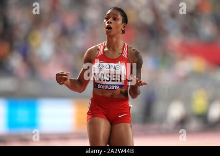 Bahrain Salwa Eid Naser feiert Gold gewinnen in den letzten Rennen der 400 Meter Frauen während der Tag sieben der IAAF Weltmeisterschaften am Khalifa International Stadium, Doha, Katar. Stockfoto